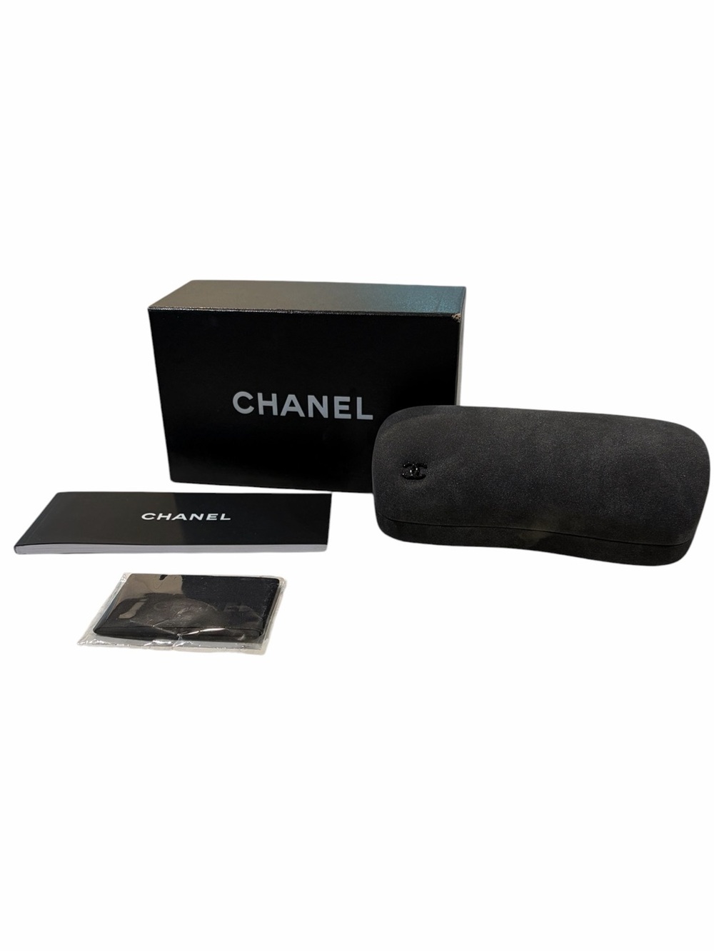 Authentic Chanel Gray Suede Eyewear Case Set - Box, Cloth & Booklet